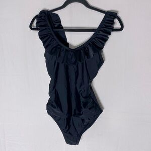 Kona Sol Black Ruffled One Piece Bathing Suit Swimsuit S